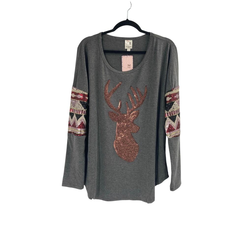 Pink Owl Sequin Jersey Long Sleeve Gray Bronze Deer Aztec Long Sleeve NEW Large